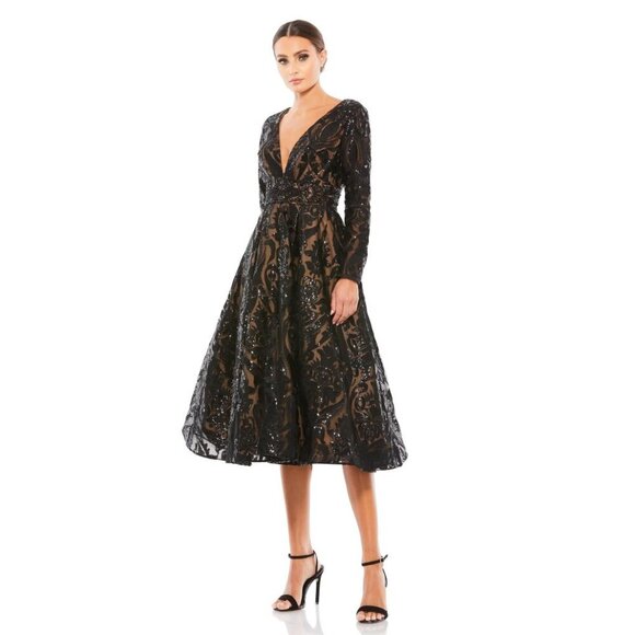 NWT Mac Duggal Sequin Embellished A-Line Cocktail Dress Black Nude 0 #8488 - Picture 1 of 8
